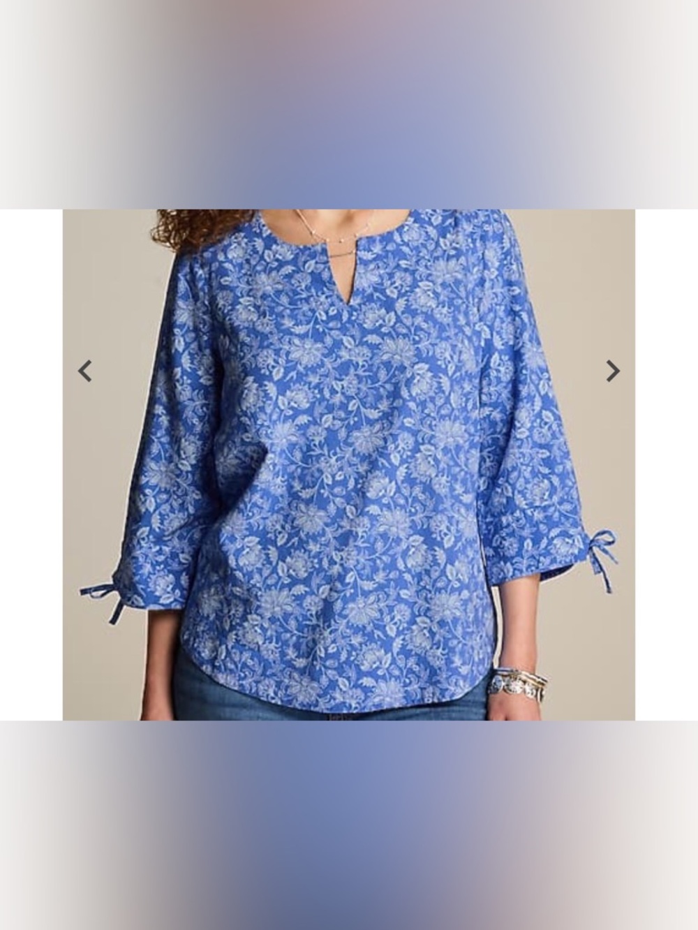 Jjill Linen Blend Tie Sleeve Blouse in Blue Floral| Size:  XL 16/18